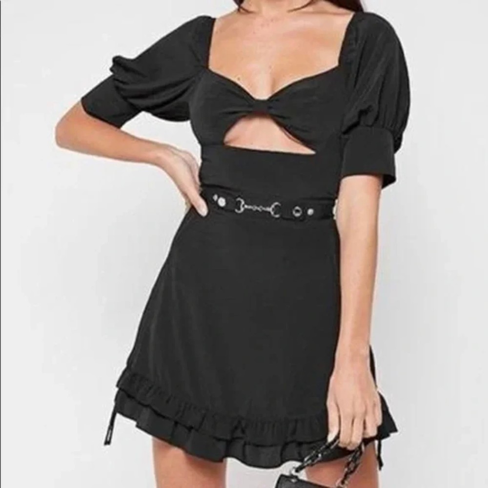 Maniere De Voir Women's Black Dress Size 10 NEW Puff Sleeve Cutout Ruffle